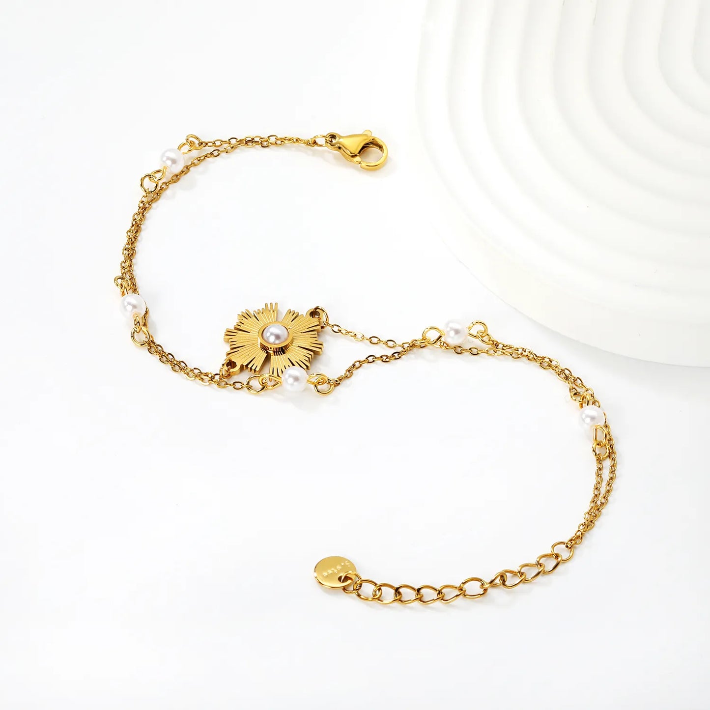 Wholesale Gold Plated Stainless Steel Pearl Flower Bracelet | Double Chain Sunburst Design | Bulk Jewelry Supplier