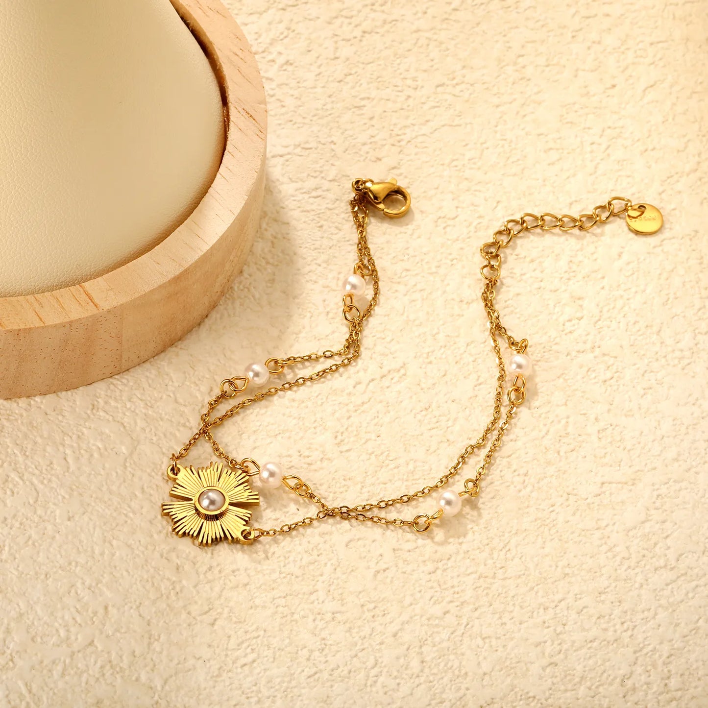 Wholesale Gold Plated Stainless Steel Pearl Flower Bracelet | Double Chain Sunburst Design | Bulk Jewelry Supplier