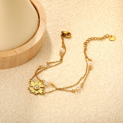 Wholesale Gold Plated Stainless Steel Pearl Flower Bracelet | Double Chain Sunburst Design | Bulk Jewelry Supplier