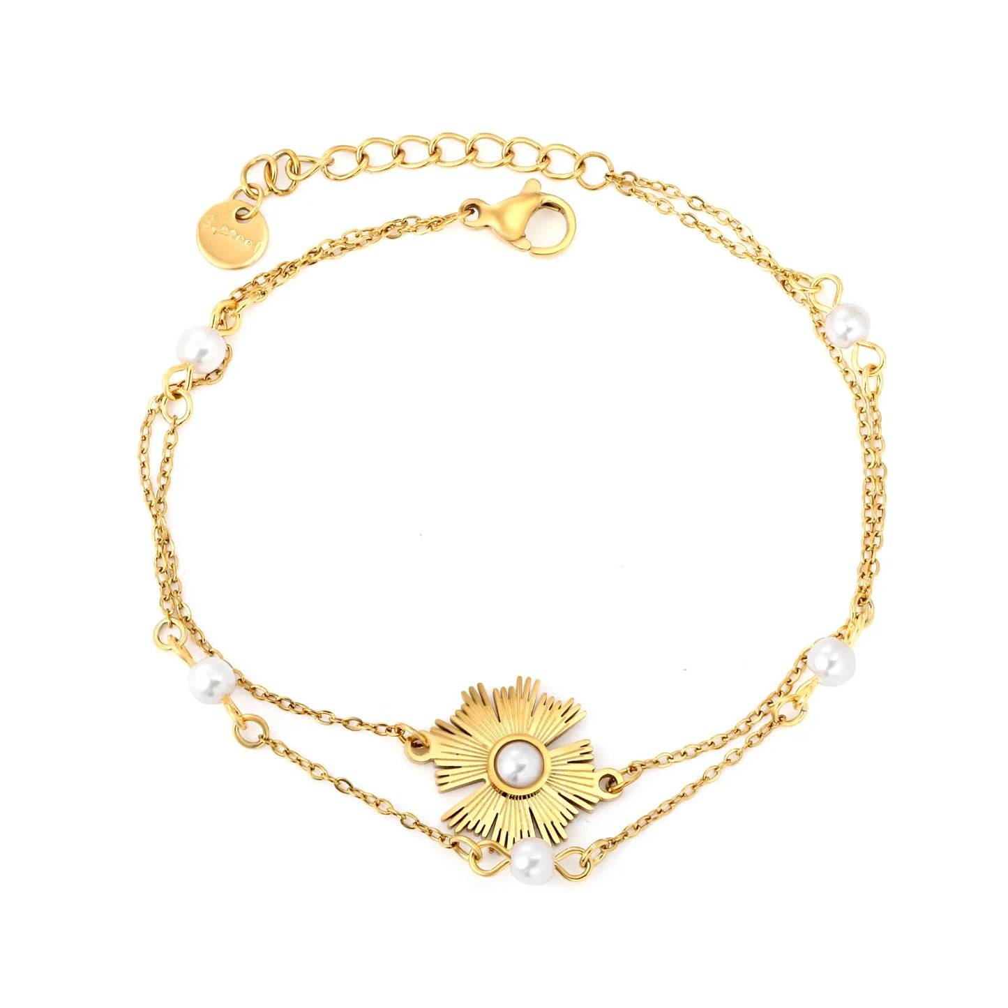 Wholesale Gold Plated Stainless Steel Pearl Flower Bracelet | Double Chain Sunburst Design | Bulk Jewelry Supplier