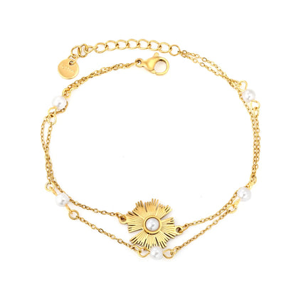 Wholesale Gold Plated Stainless Steel Pearl Flower Bracelet | Double Chain Sunburst Design | Bulk Jewelry Supplier