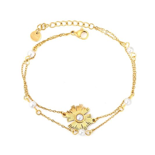 Wholesale Gold Plated Stainless Steel Pearl Flower Bracelet | Double Chain Sunburst Design | Bulk Jewelry Supplier