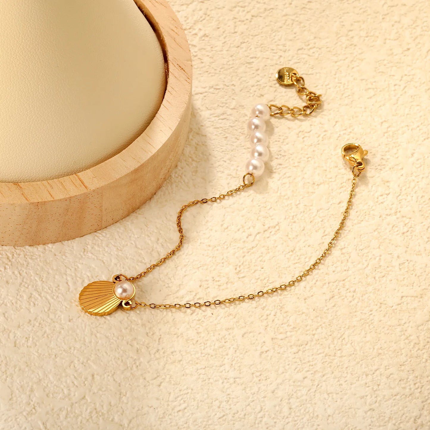 Wholesale Gold Plated Stainless Steel Shell Pearl Bracelet | Minimal Cross Chain Design | Adjustable Length