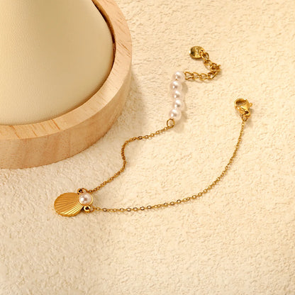 Wholesale Gold Plated Stainless Steel Shell Pearl Bracelet | Minimal Cross Chain Design | Adjustable Length