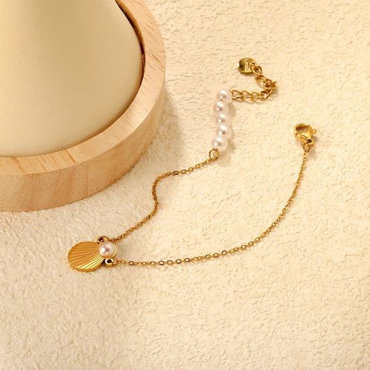Wholesale Gold Plated Stainless Steel Shell Pearl Bracelet | Minimal Cross Chain Design | Adjustable Length