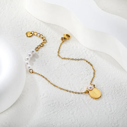 Wholesale Gold Plated Stainless Steel Shell Pearl Bracelet | Minimal Cross Chain Design | Adjustable Length
