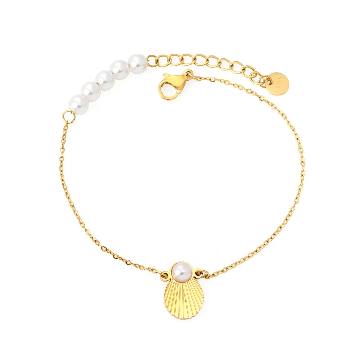 Wholesale Gold Plated Stainless Steel Shell Pearl Bracelet | Minimal Cross Chain Design | Adjustable Length