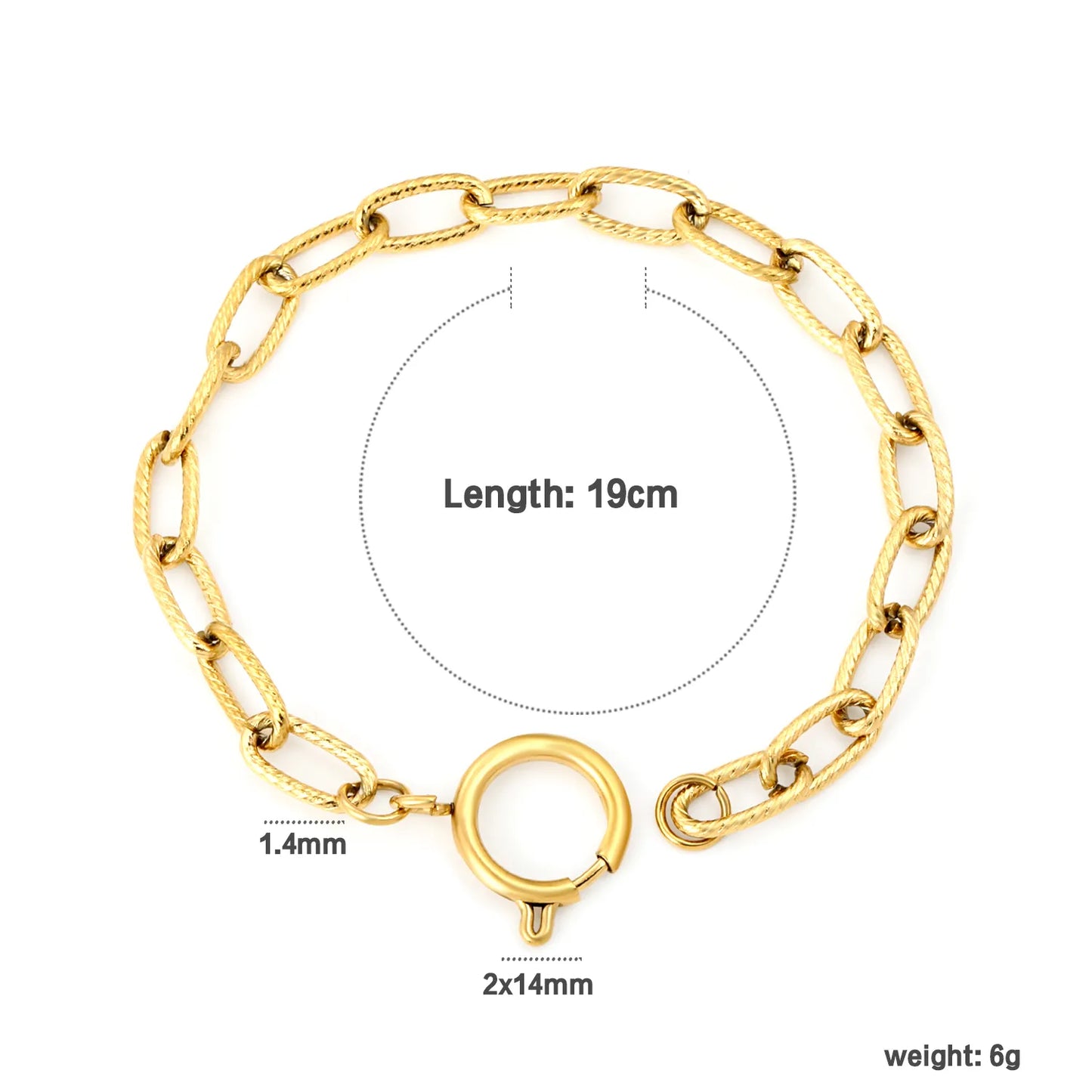 Wholesale Gold-Plated Stainless Steel Textured Oval Link Bracelet with Circle Spring Clasp | Minimal Chain Bracelet | MOQ 12