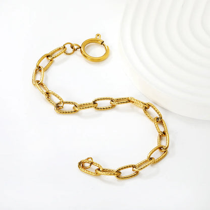 Wholesale Gold-Plated Stainless Steel Textured Oval Link Bracelet with Circle Spring Clasp | Minimal Chain Bracelet | MOQ 12