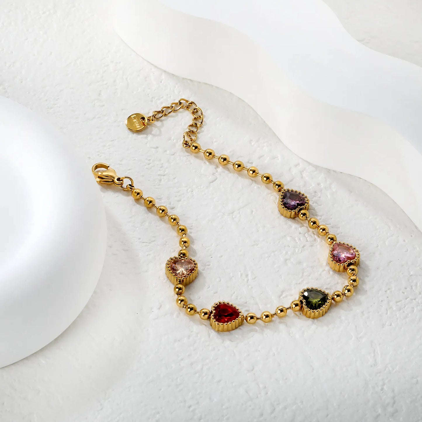 Multi-Color Beaded Design Rainbow Zirconia Bracelet  | Gold Stainless Steel 3mm Chain 18+3cm | Bulk Order with MOQ