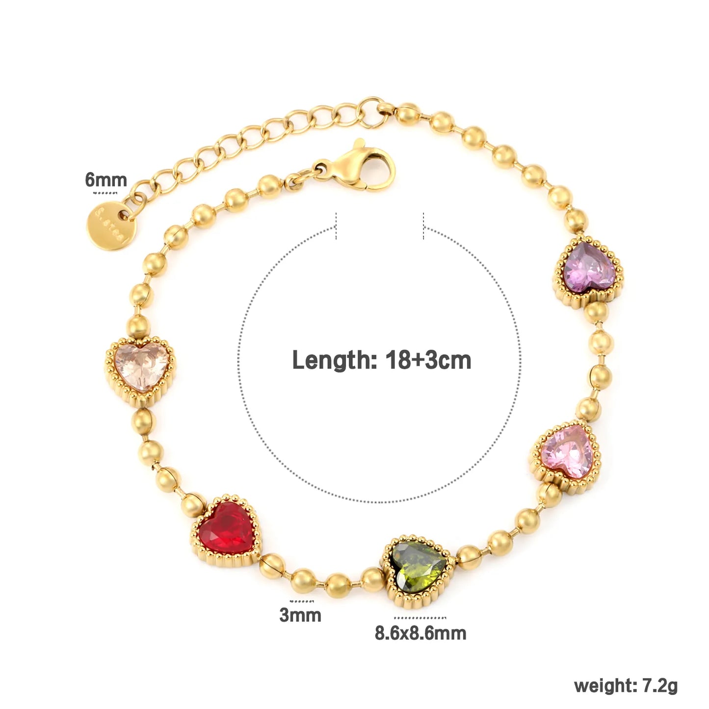 Multi-Color Beaded Design Rainbow Zirconia Bracelet  | Gold Stainless Steel 3mm Chain 18+3cm | Bulk Order with MOQ