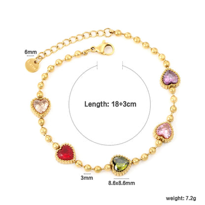 Multi-Color Beaded Design Rainbow Zirconia Bracelet  | Gold Stainless Steel 3mm Chain 18+3cm | Bulk Order with MOQ