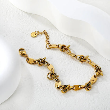 Wholesale Oval Plate & Knot Link Chain Bracelet in Gold Stainless Steel | Adjustable Minimal Statement Bracelet
