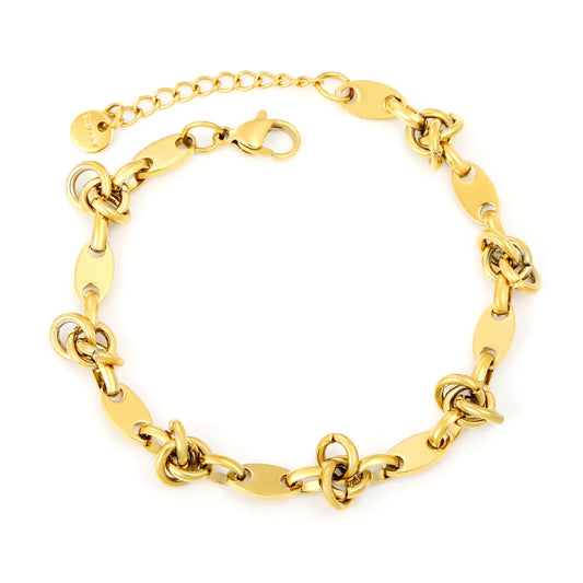 Wholesale Oval Plate & Knot Link Chain Bracelet in Gold Stainless Steel | Adjustable Minimal Statement Bracelet