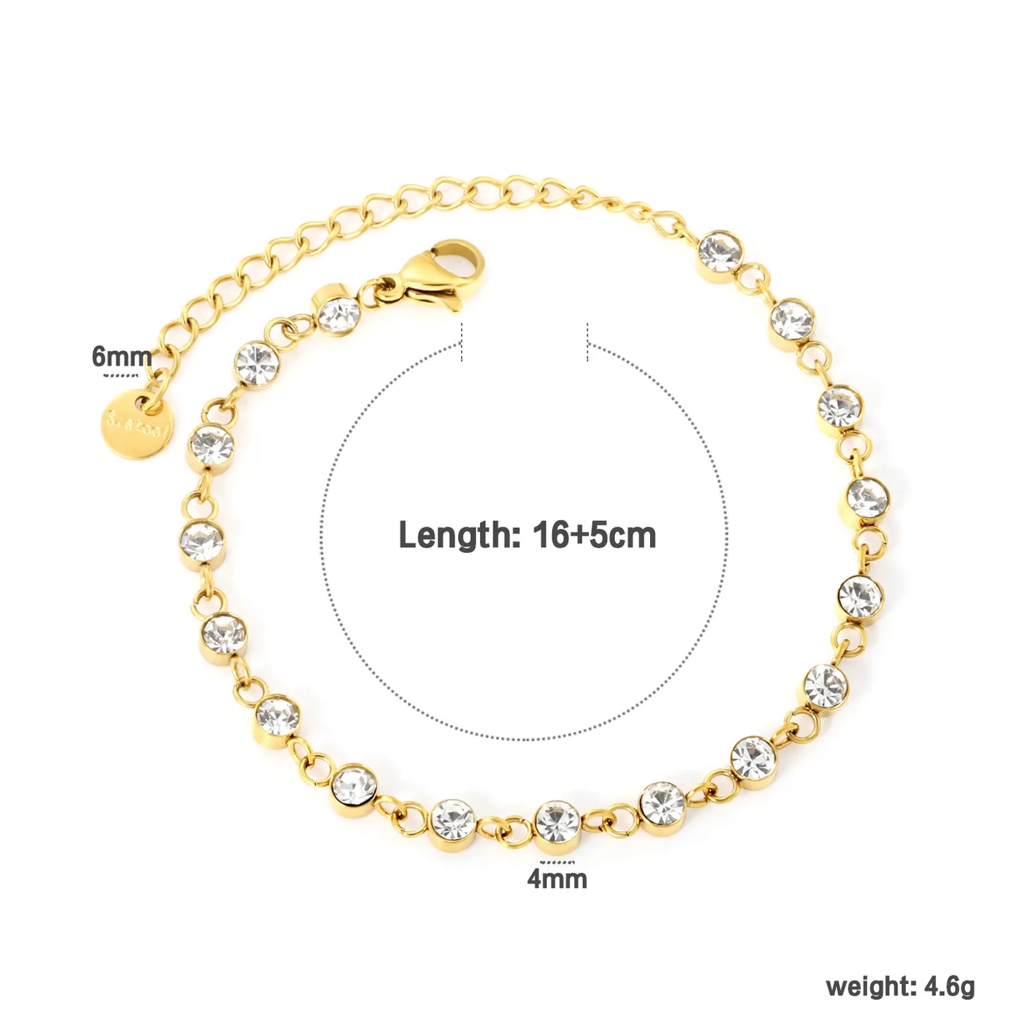 Wholesale Zircon Inlaid Bracelet | 4mm White Zirconia Stones | 16+5cm Gold Plated Chain | Stainless Steel Dress Jewelry