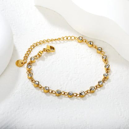 Wholesale Zircon Inlaid Bracelet | 4mm White Zirconia Stones | 16+5cm Gold Plated Chain | Stainless Steel Dress Jewelry