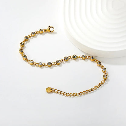Wholesale Zircon Inlaid Bracelet | 4mm White Zirconia Stones | 16+5cm Gold Plated Chain | Stainless Steel Dress Jewelry