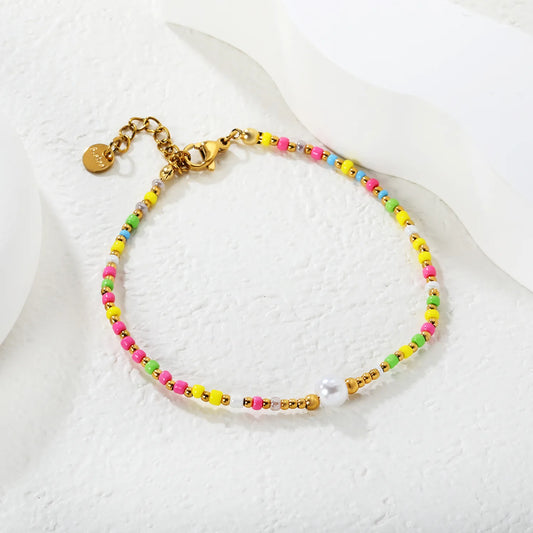 Wholesale Multi-Color Pearl Bracelet | 6x5.5mm Simulated Pearls | 18+3cm Gold Plated Chain | Colorful Beaded Jewelry