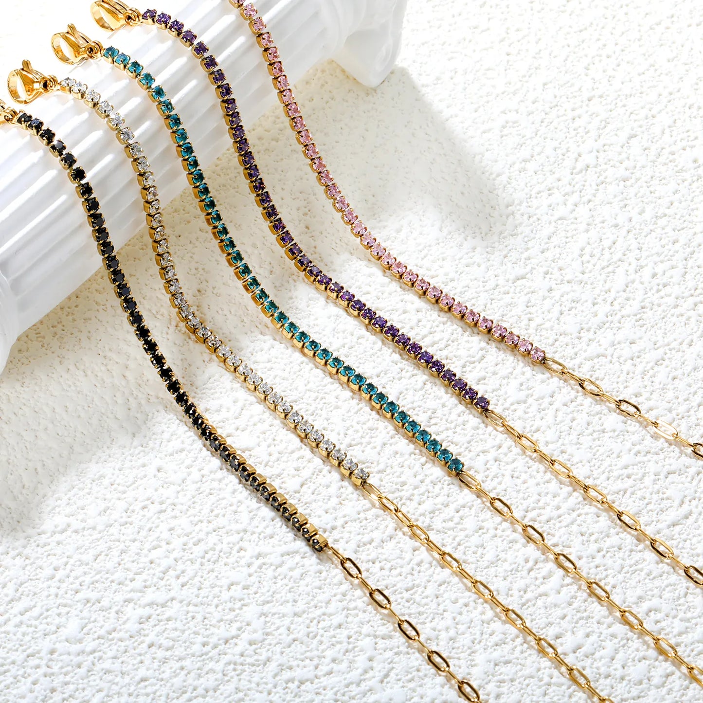 ✨2mm Round Prong-Set Zirconia Bracelet 5-Color Mix | Gold Stainless Steel 18+3cm Chain | Wholesale Stackable Jewelry