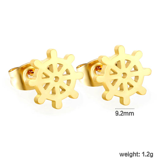 Wholesale 9.2mm Ship Wheel Studs | Steel Color Golden Color | Nautical Gold Stainless Steel Earring | MOQ 10