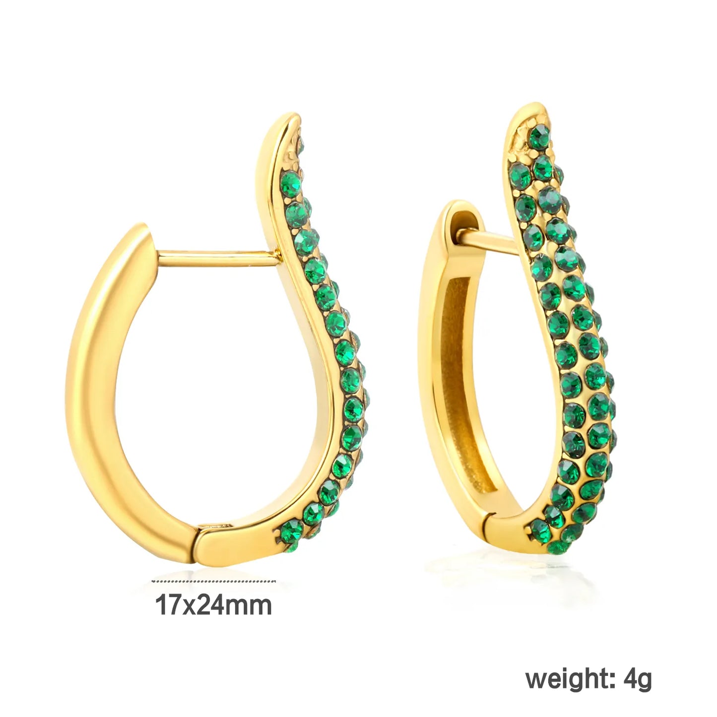 Gold-Plated Green Crystal Curve Hoop Earrings – Stainless Steel | Wholesale | Low MOQ