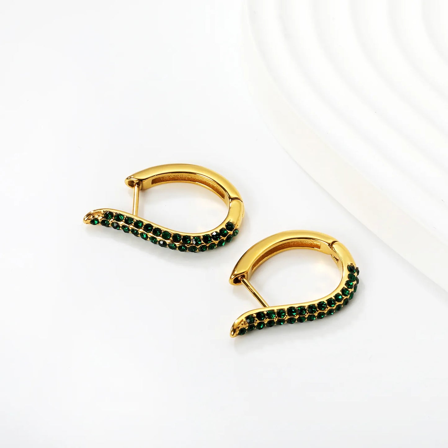 Gold-Plated Green Crystal Curve Hoop Earrings – Stainless Steel | Wholesale | Low MOQ