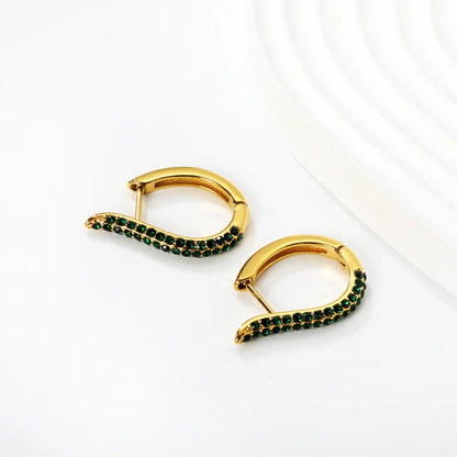Gold-Plated Green Crystal Curve Hoop Earrings – Stainless Steel | Wholesale | Low MOQ