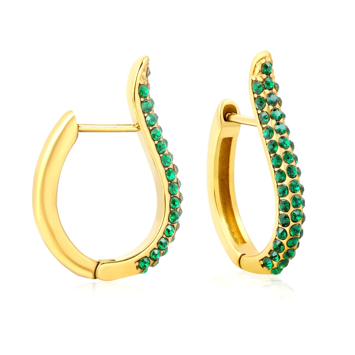 Gold-Plated Green Crystal Curve Hoop Earrings – Stainless Steel | Wholesale | Low MOQ