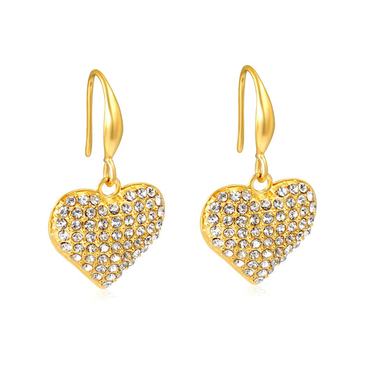 Wholesale Rhinestone Heart Drop Earrings – Gold-Plated Stainless Steel for Bulk Order