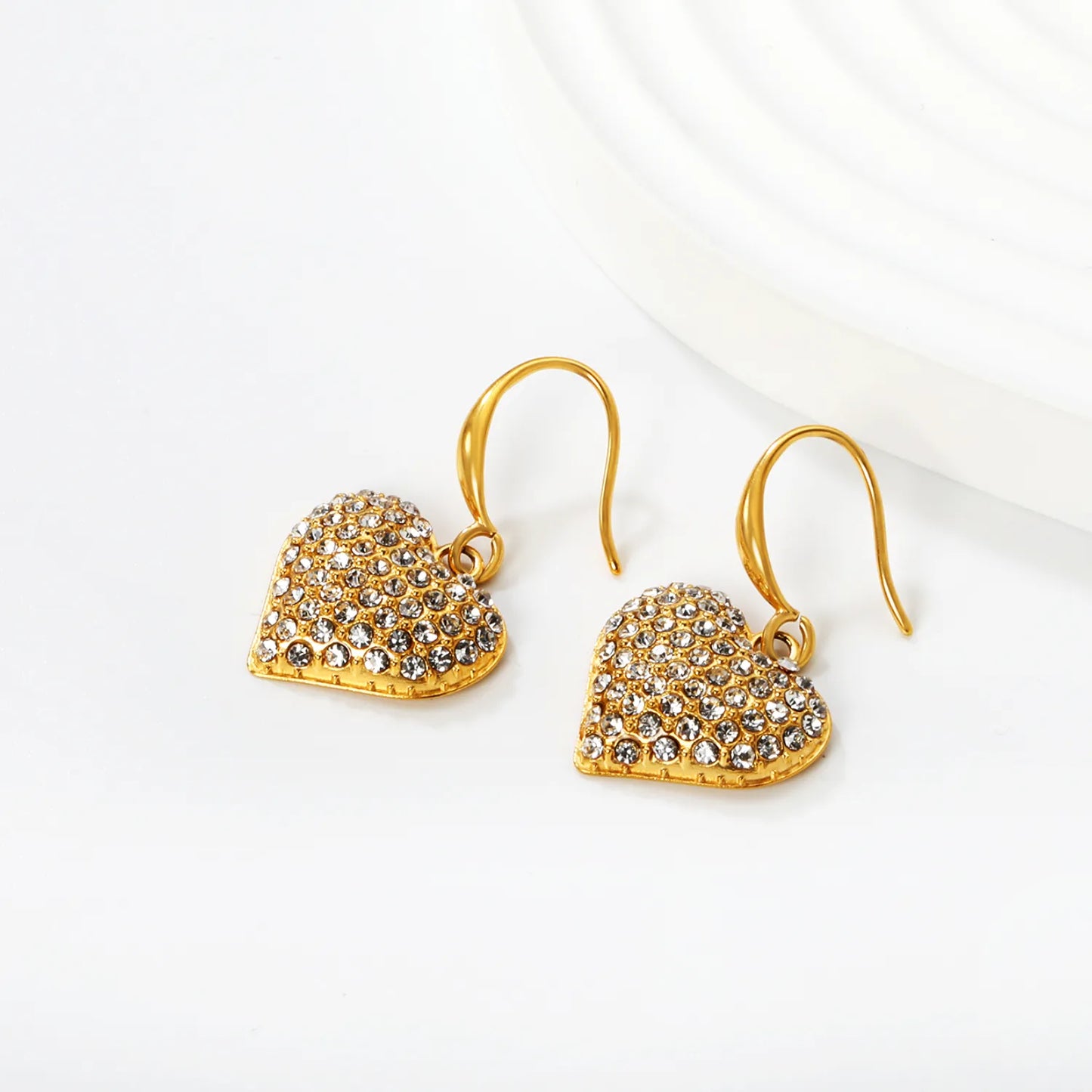 Wholesale Rhinestone Heart Drop Earrings – Gold-Plated Stainless Steel for Bulk Order