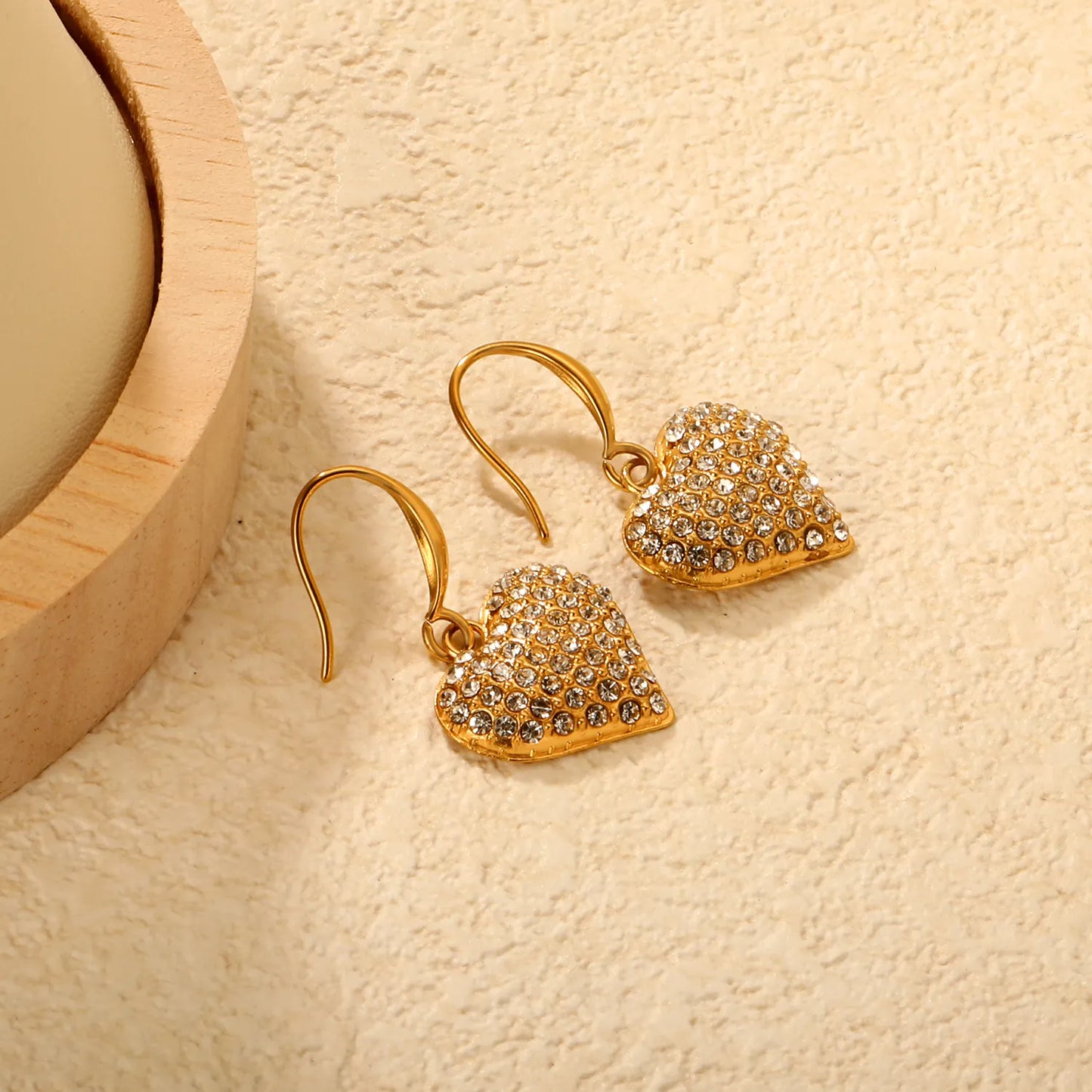 Wholesale Rhinestone Heart Drop Earrings – Gold-Plated Stainless Steel for Bulk Order