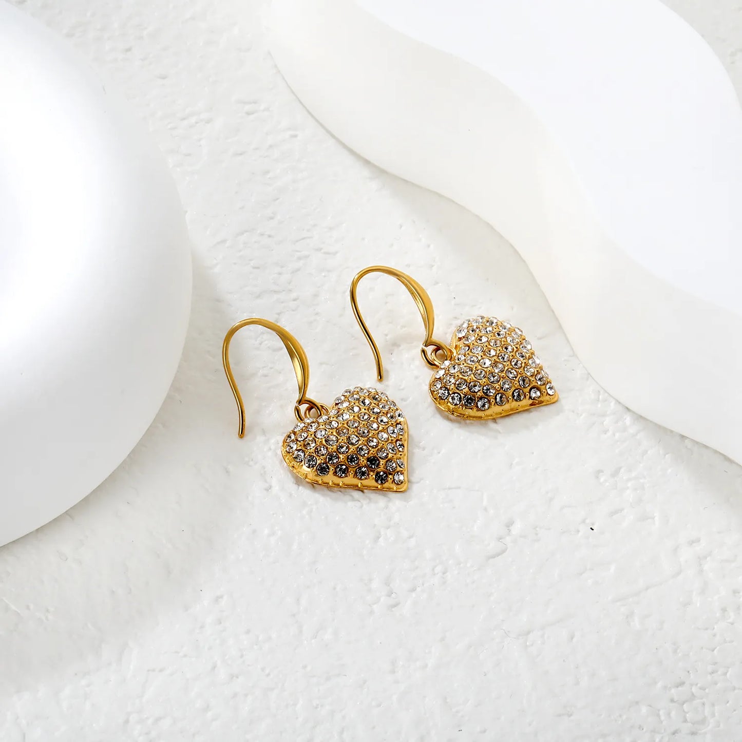 Wholesale Rhinestone Heart Drop Earrings – Gold-Plated Stainless Steel for Bulk Order