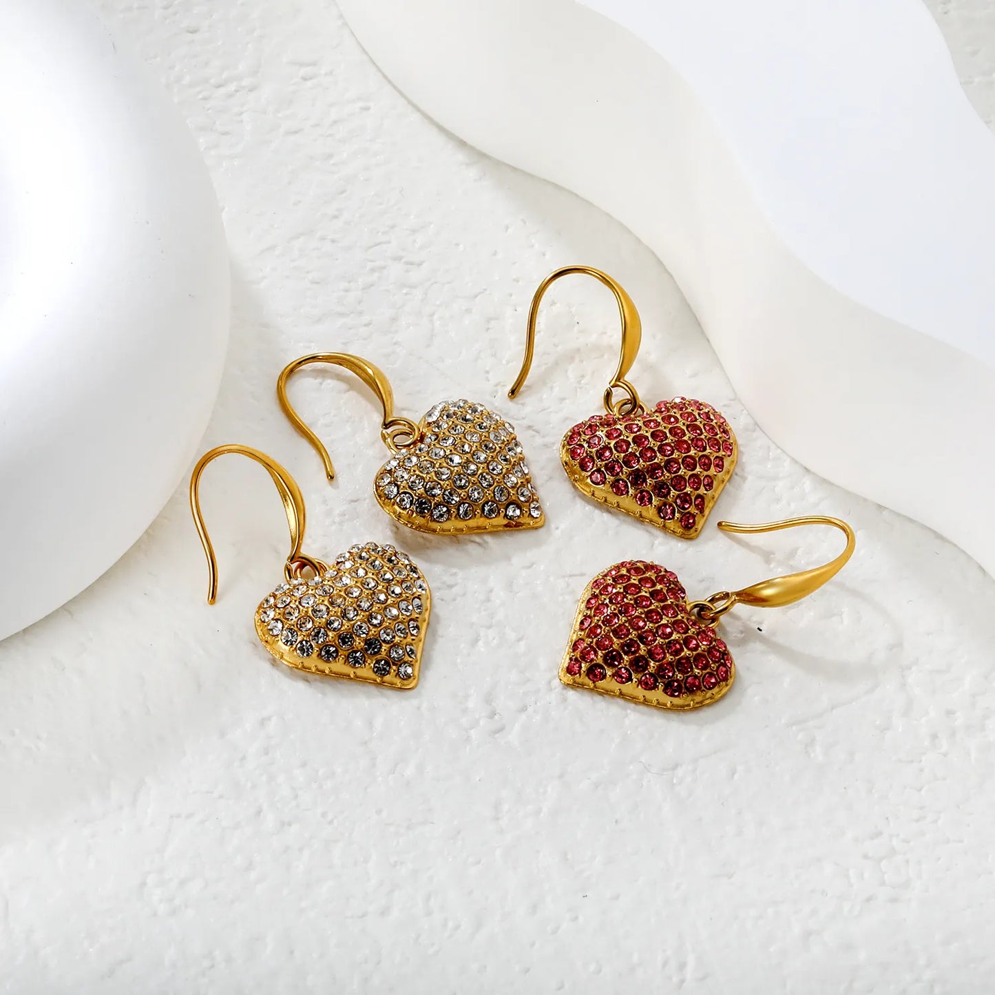 Wholesale Rhinestone Heart Drop Earrings – Gold-Plated Stainless Steel for Bulk Order