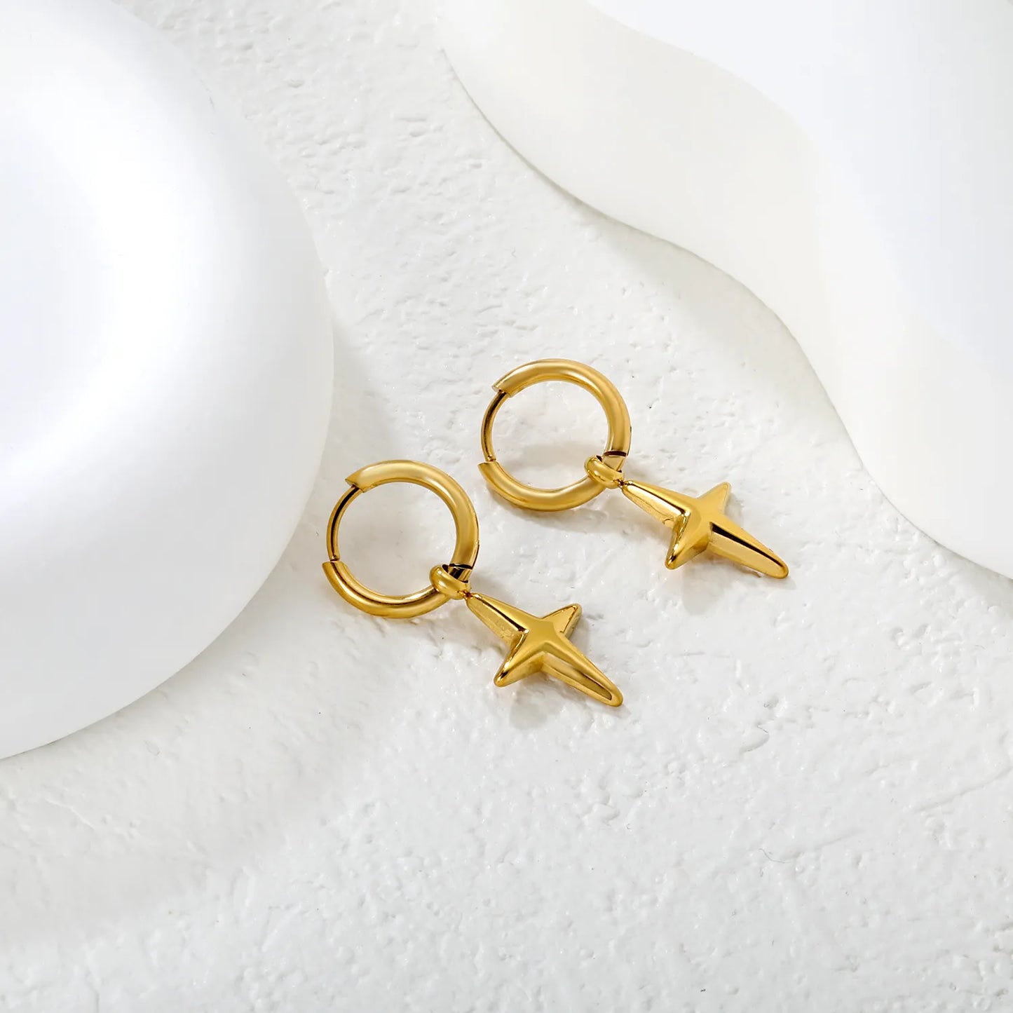 Wholesale North Star Drop Hoop Earrings – Gold & Silver Stainless Steel 12 MOQ