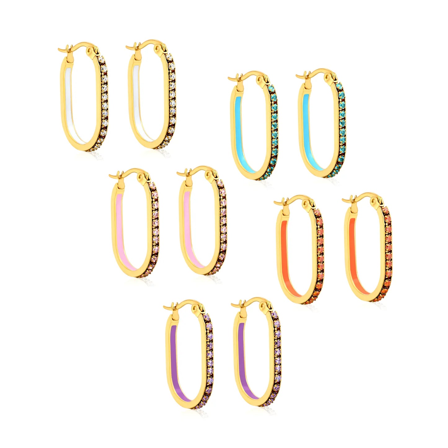Wholesale Multi-Color Crystal Oval Hoop Earrings 2.26*22mm Premium Stainless Steel Gold-Plated Finish Hypoallergenic Tarnish-Resistant MOQ 12+