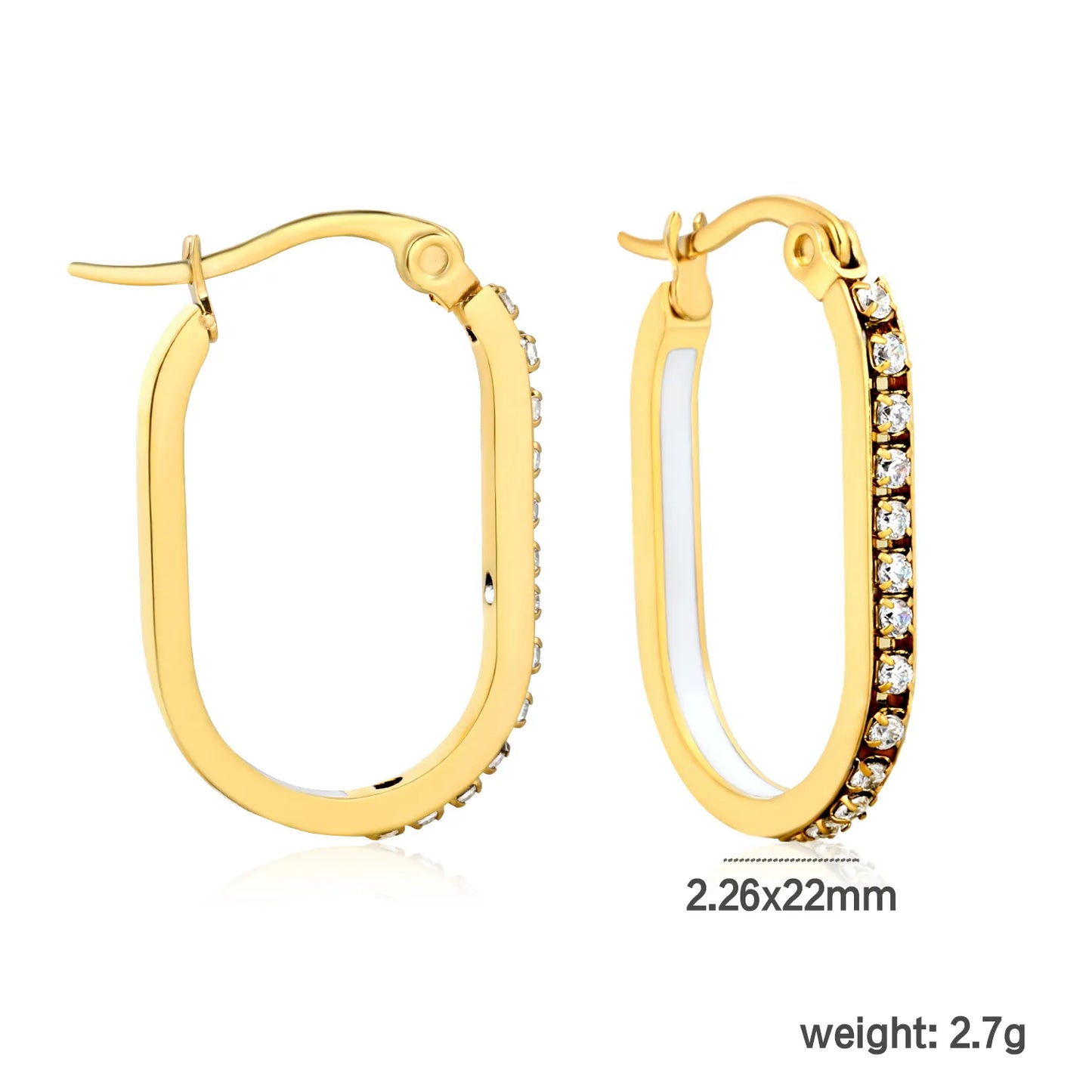 Wholesale 2.26*22mm Premium Stainless Steel White Rhinestone Gold-Plated Finish | Crystal Oval Hoop Earrings | Hypoallergenic Tarnish-Resistant | MOQ 12+