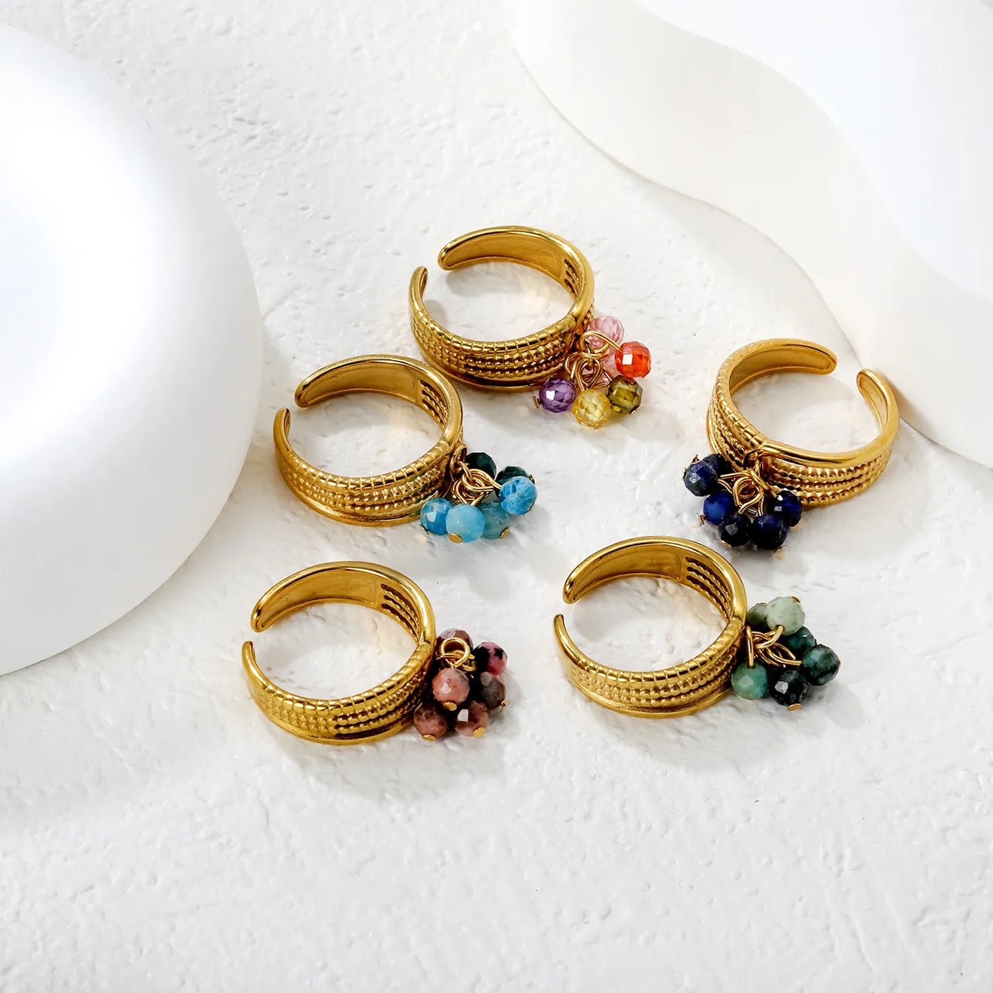 8mm Tall Open Ring – Gold-Plated Size #7 Series with Lapis Lazuli Blue Apatite African Turquoise & Cherry Tassels Wholesale with MOQ