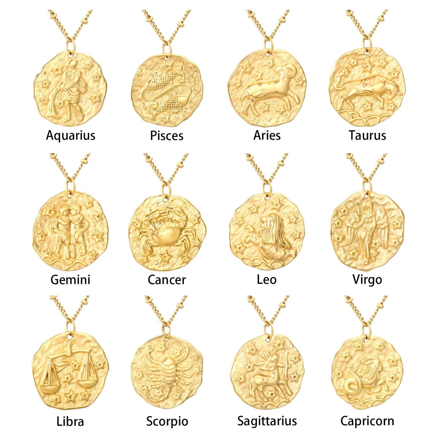 Wholesale 20.5x21.5mm Zodiac Pendant Necklace | 12 Astrology Signs Irregular Circle Charm | 40+5cm Gold Stainless Steel Chain