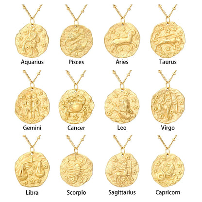 Wholesale 20.5x21.5mm Zodiac Pendant Necklace | 12 Astrology Signs Irregular Circle Charm | 40+5cm Gold Stainless Steel Chain