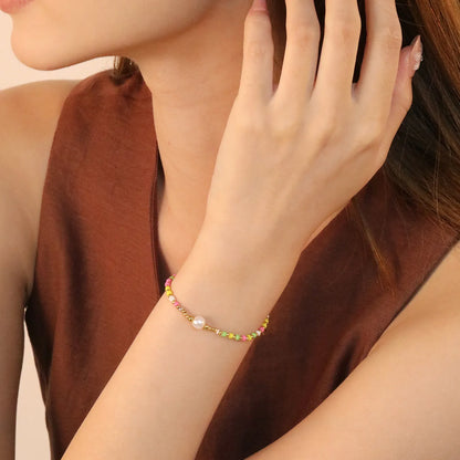Wholesale Multi-Color Pearl Bracelet | 6x5.5mm Simulated Pearls | 18+3cm Gold Plated Chain | Colorful Beaded Jewelry