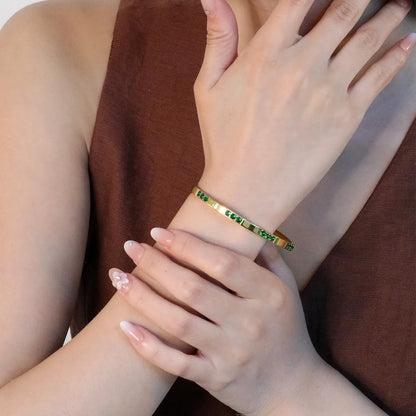 Wholesale 3.9mm Gold Bangle Bracelet with Green Zircon | 60mm Inner Diameter | Stainless Steel Fashion Jewelry | Bulk Bangle