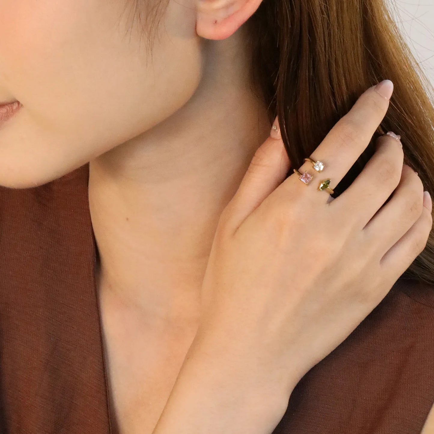 Wholesale 3-Stone Open Ring | Square Pink/Round White/Oval Green Zircon | 12mm High Size 7 | Gold Plated Stackable Ring