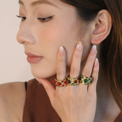 Wholesale Resin Stone Open Ring | Mixed Color Natural Resin Gems | 12mm High Size 7 | Gold Plated Bohemian Style Ring