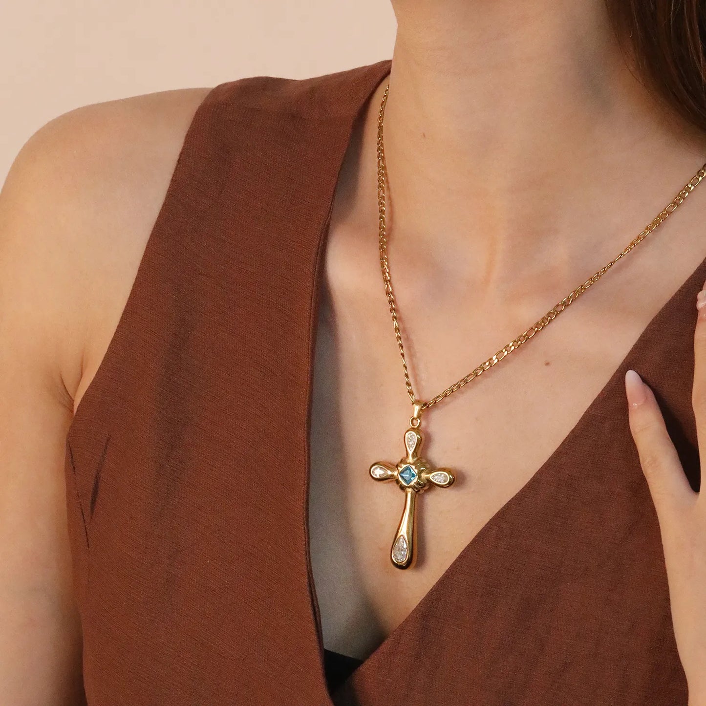 Wholesale 32.65x49.1mm Cross Pendant with Zirconia | 4 White Pear & 1 Blue Square Stone | 40+5cm Gold Stainless Steel Necklace