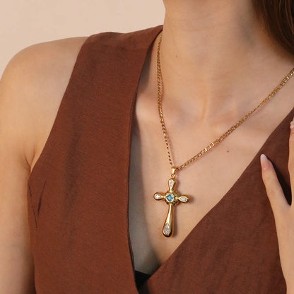 Wholesale 32.65x49.1mm Cross Pendant with Zirconia | 4 White Pear & 1 Blue Square Stone | 40+5cm Gold Stainless Steel Necklace
