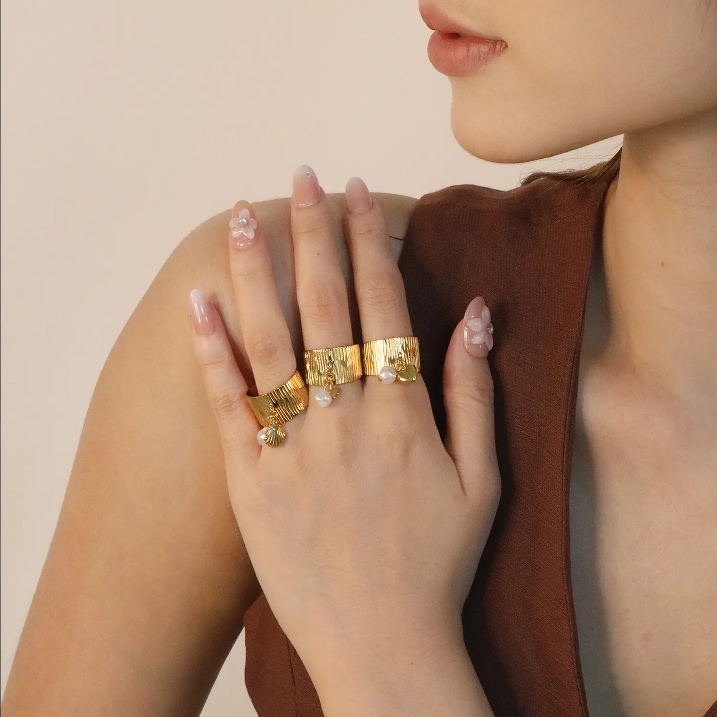 Wholesale Pearl Accent Open Ring | Heart/Shell/Butterfly Charm Design | 11.75mm High Size 7 | Gold Plated Stainless Steel