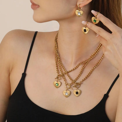 Wholesale Heart Shape Jewelry Set | Square White/Black/Green Zircon | 18x16mm Earrings & Pendant | 43cm Gold Chain ✨