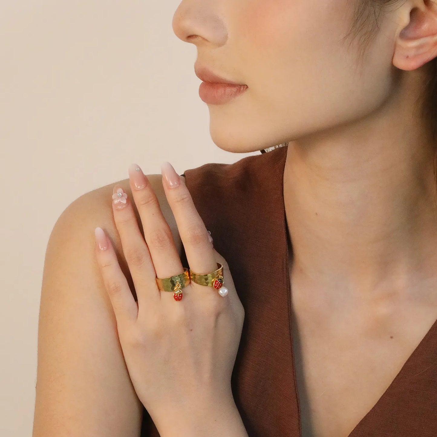 Wholesale Ladybug and Butterfly/Ladybug and Artificial Pearls  Ring |9.4mm High Size 7 | Gold Plated Stainless Steel Dainty Ring