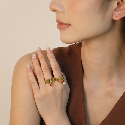 Wholesale Ladybug and Butterfly/Ladybug and Artificial Pearls  Ring |9.4mm High Size 7 | Gold Plated Stainless Steel Dainty Ring