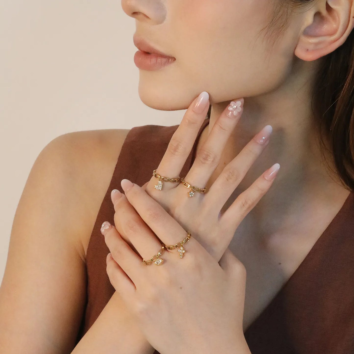 Wholesale Multi-Charm Open Ring | Star/Heart/Leaf/Cross with White Zircon | 10.7mm High Size 7 | Gold Plated Stainless Steel